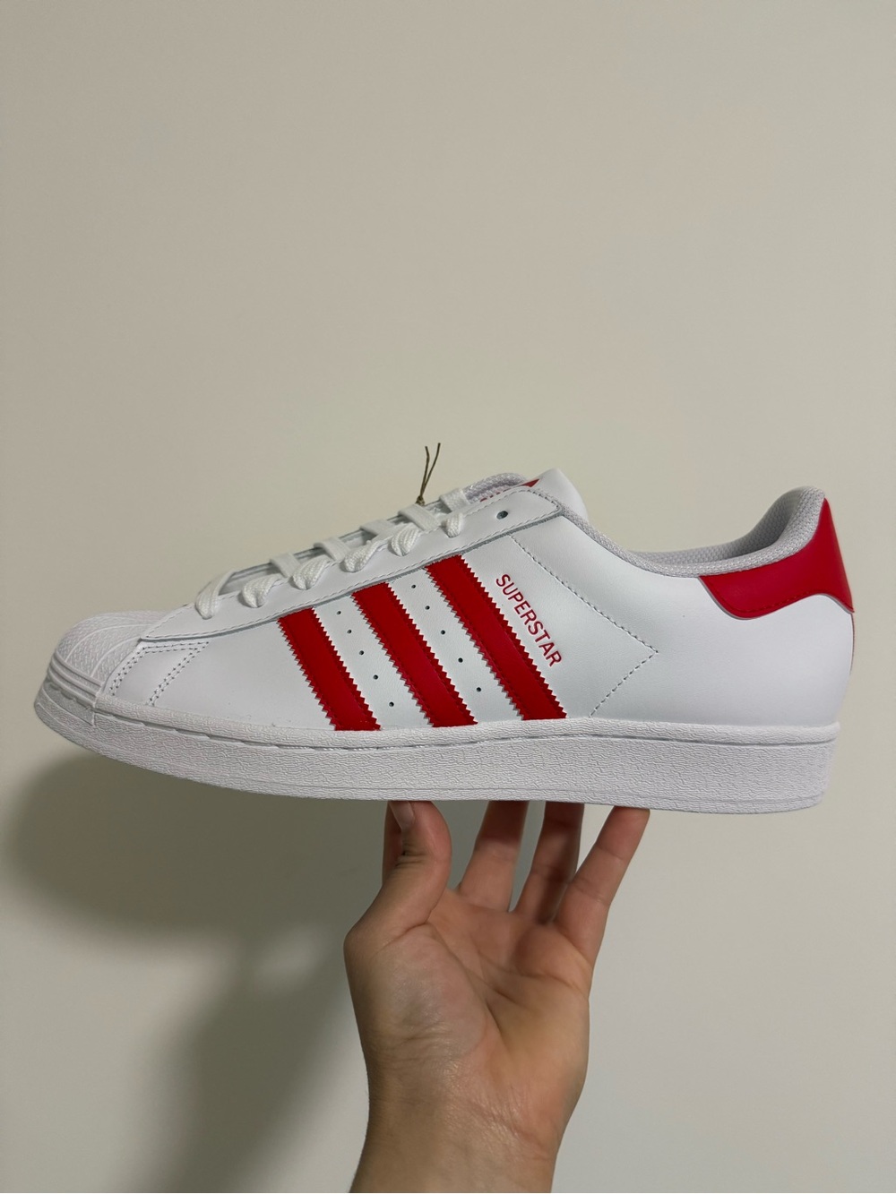 adidas Superstar White Leather Sneaker with Red Stripes size 11.5